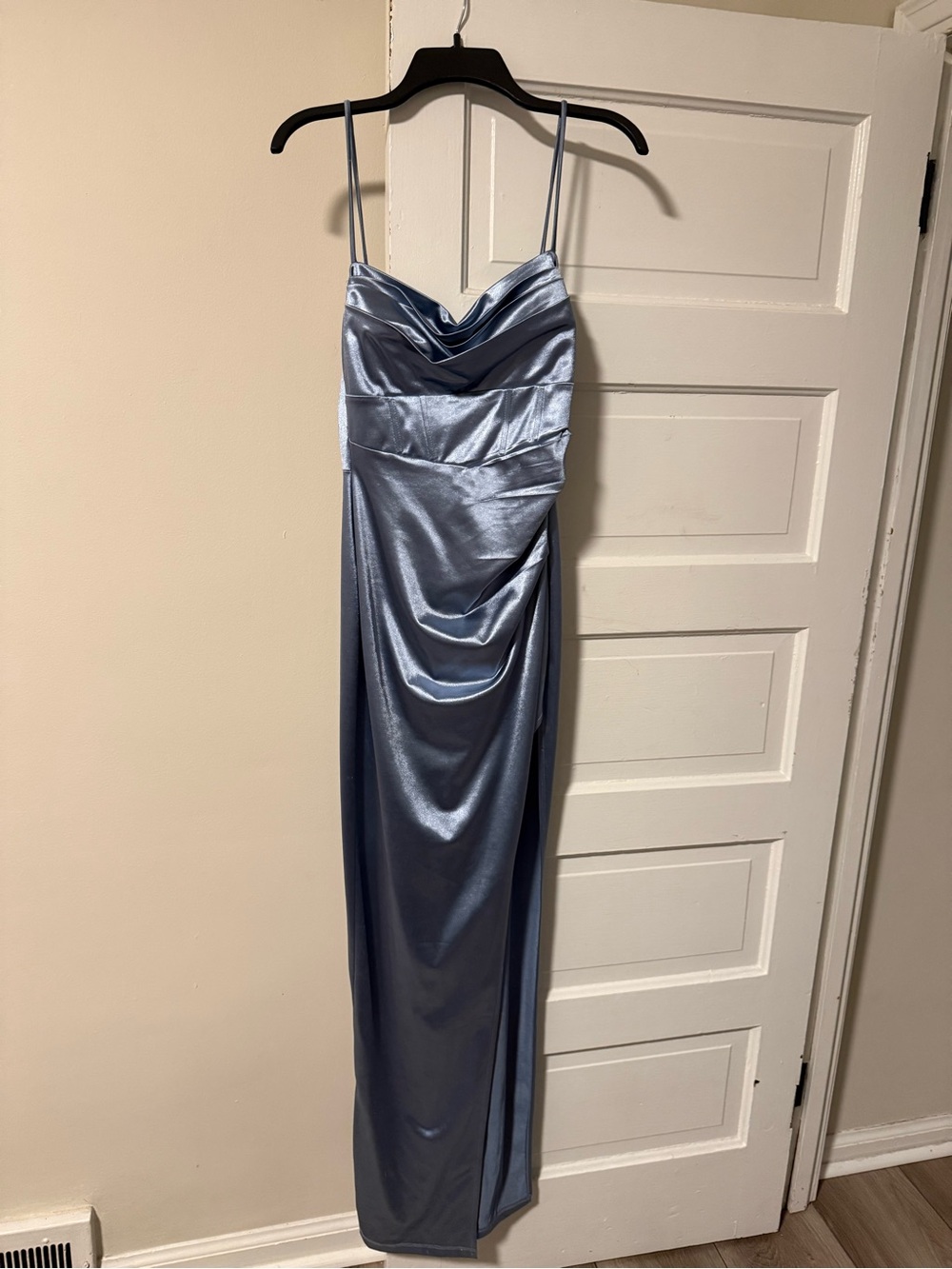 Windsor Satin Cowl Neck Maxi Dress in Steel Blue
